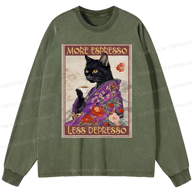 Tokyo-Tiger Japanese Cat Drinking Coffee Washed Long Sleeve T-Shirt