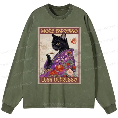 Tokyo-Tiger Japanese Cat Drinking Coffee Washed Long Sleeve T-Shirt
