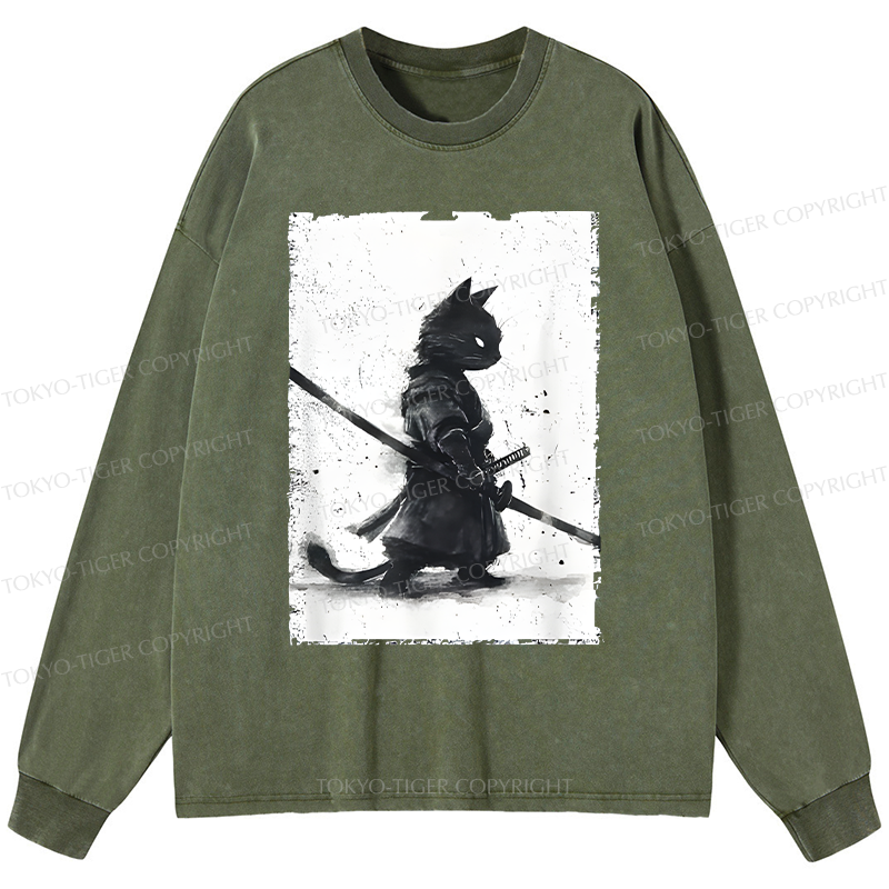 Tokyo-Tiger Retro Cat Samurai Japanese Washed Long Sleeve T-Shirt