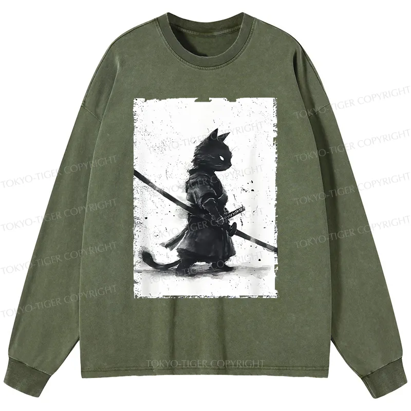 Tokyo-Tiger Retro Cat Samurai Japanese Washed Long Sleeve T-Shirt