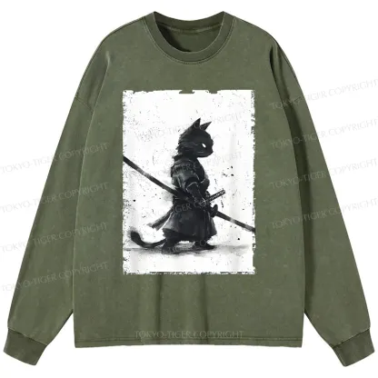 Tokyo-Tiger Retro Cat Samurai Japanese Washed Long Sleeve T-Shirt
