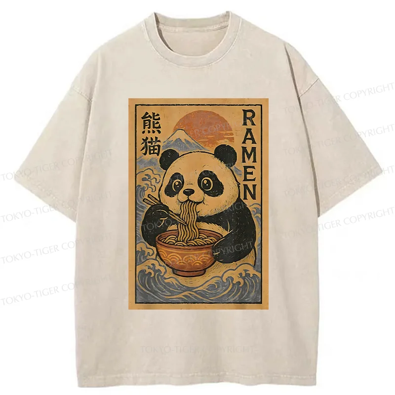 Tokyo-Tiger Retro Panda Eating Ramen Washed T-Shirt