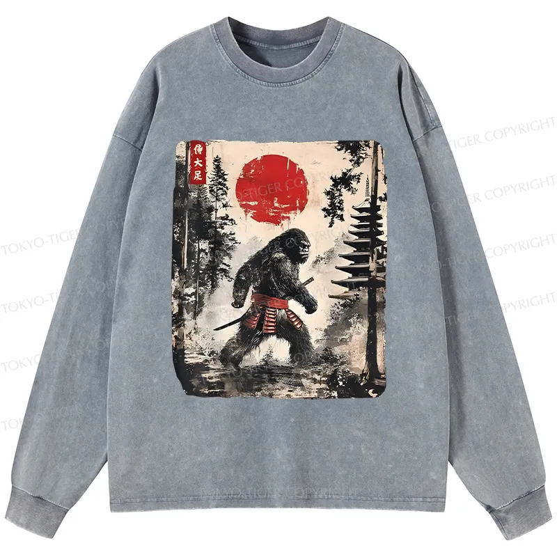 Tokyo-Tiger Japanese Samurai Bigfoot Washed Long Sleeve T-Shirt
