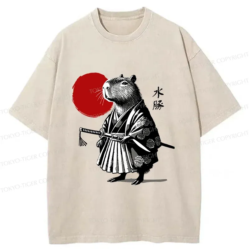 Tokyo-Tiger Retro Capybara Samurai Washed T-Shirt