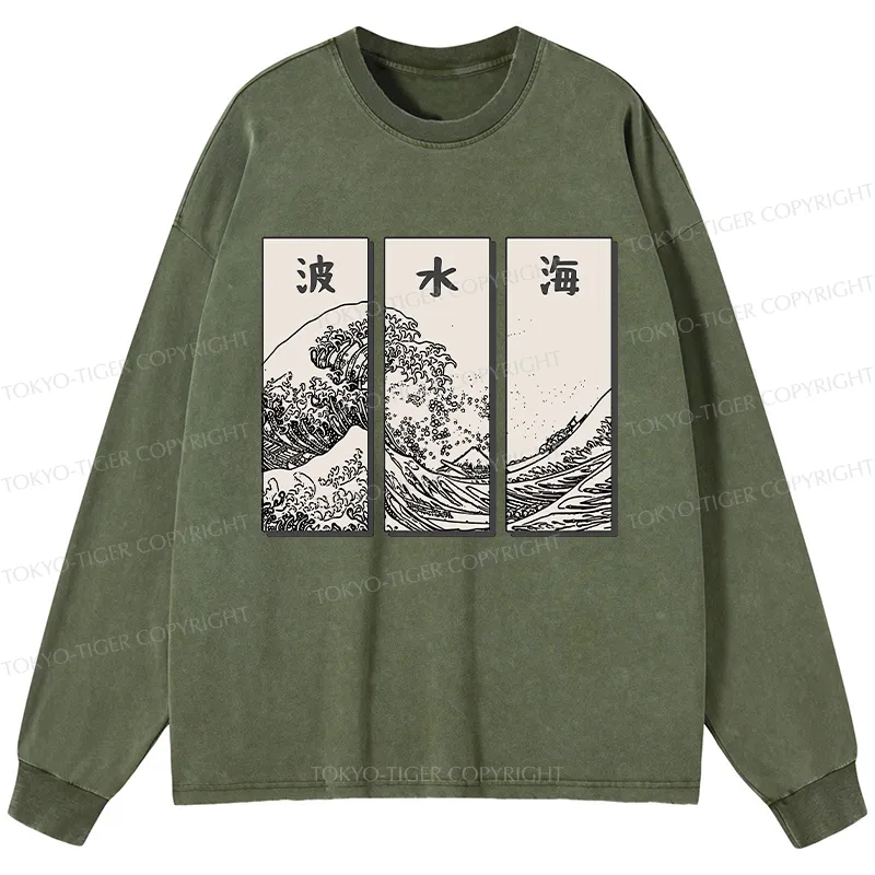 Tokyo-Tiger Japanese Art Wave Washed Long Sleeve T-Shirt