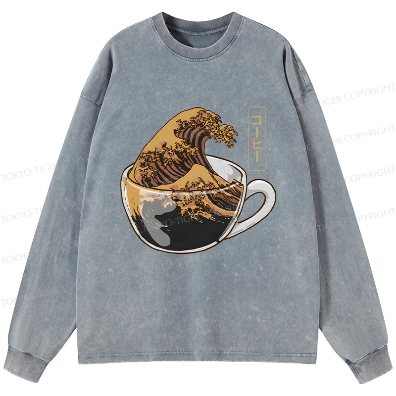 Tokyo-Tiger Coffee Wave Washed Long Sleeve T-Shirt