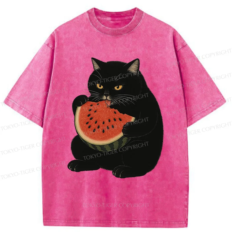 Tokyo-Tiger Black Cat Eating Watermelon Washed T-Shirt