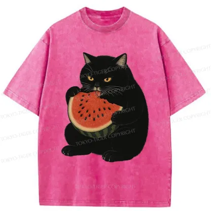 Tokyo-Tiger Black Cat Eating Watermelon Washed T-Shirt