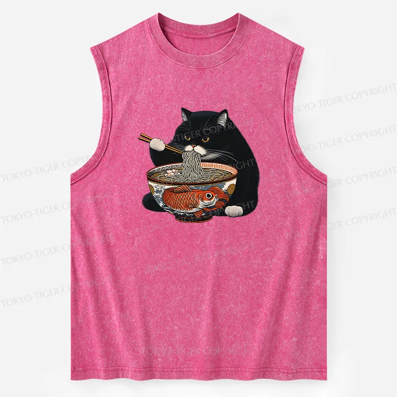 Tokyo-Tiger Fat Cat Eating Ramen Washed Tank