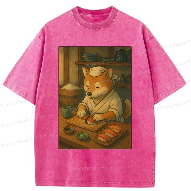 Tokyo-Tiger Dog Sushi Chef Washed T-Shirt