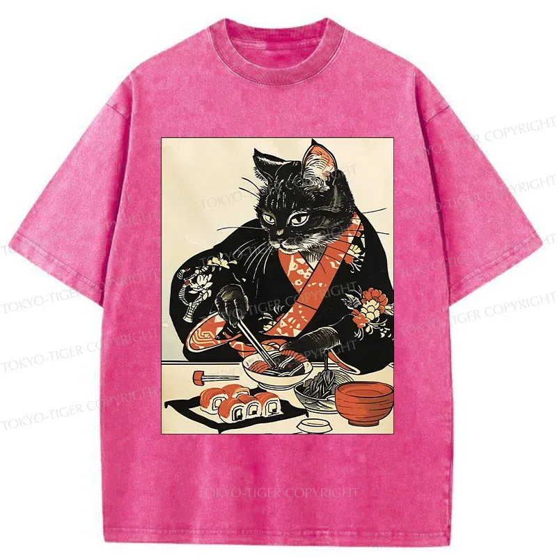 Tokyo-Tiger Cat Cut Sushi Washed T-Shirt
