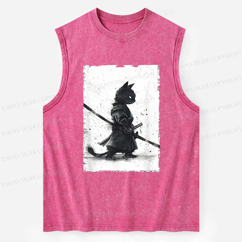 Tokyo-Tiger Retro Cat Samurai Japanese Washed Tank
