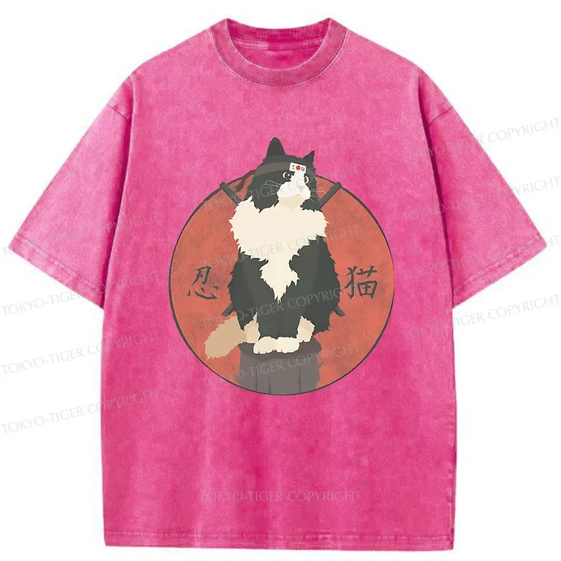 Tokyo-Tiger Cute Ninja Cat Washed T-Shirt