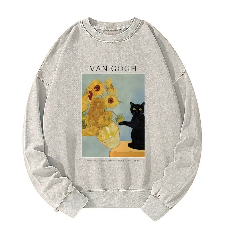 Tokyo-Tiger Black Cat With Sunflowers Washed Sweatshirt