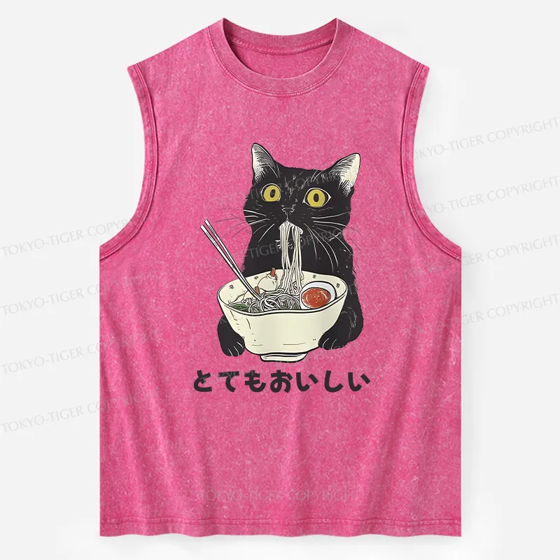 Tokyo-Tiger Cats Eat Ramen Noodles Washed Tank
