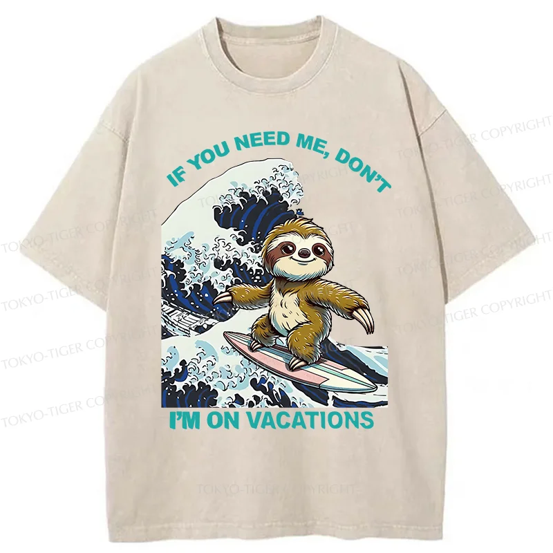 Tokyo-Tiger Surfing Sloth Funny Washed T-Shirt