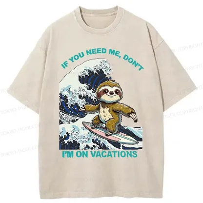 Tokyo-Tiger Surfing Sloth Funny Washed T-Shirt