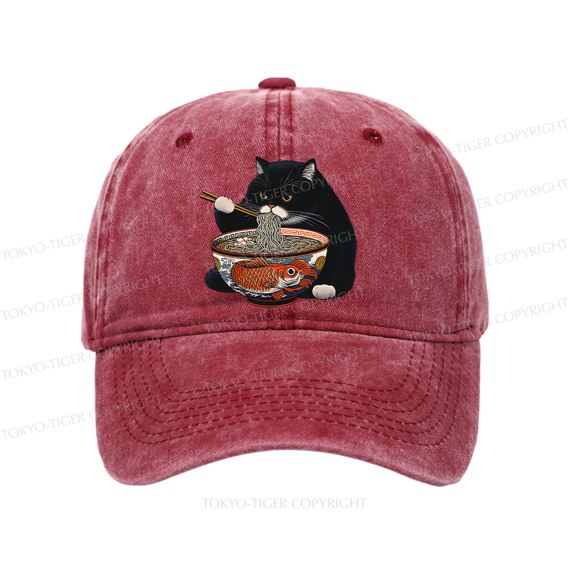 Tokyo-Tiger Fat Cat Eating Ramen Washed Cap