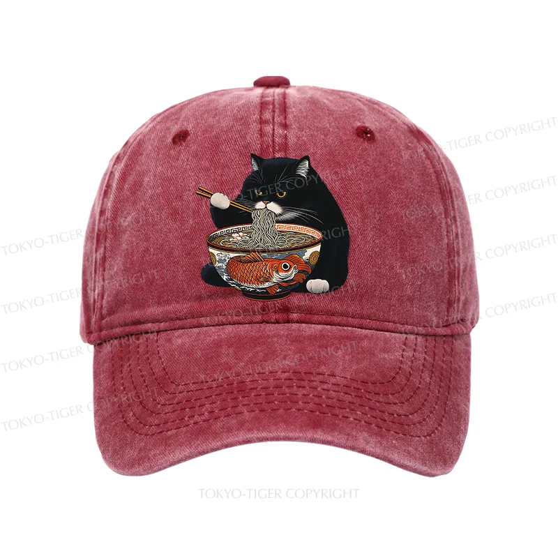 Tokyo-Tiger Fat Cat Eating Ramen Washed Cap