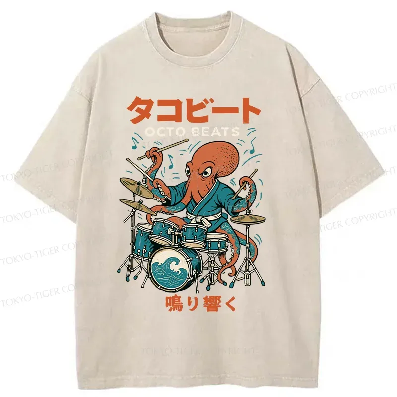 Tokyo-Tiger Octopus Drummer Washed T-Shirt