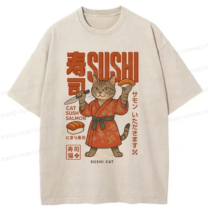 Tokyo-Tiger Sushi Made By Cat Chef Washed T-Shirt
