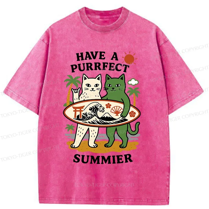 Tokyo-Tiger Beach Surfing Cat Washed T-Shirt
