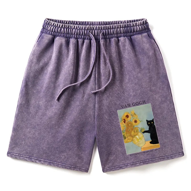 Tokyo-Tiger Black Cat With Sunflowers Washed Shorts