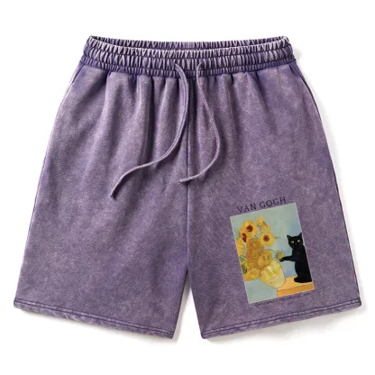Tokyo-Tiger Black Cat With Sunflowers Washed Shorts