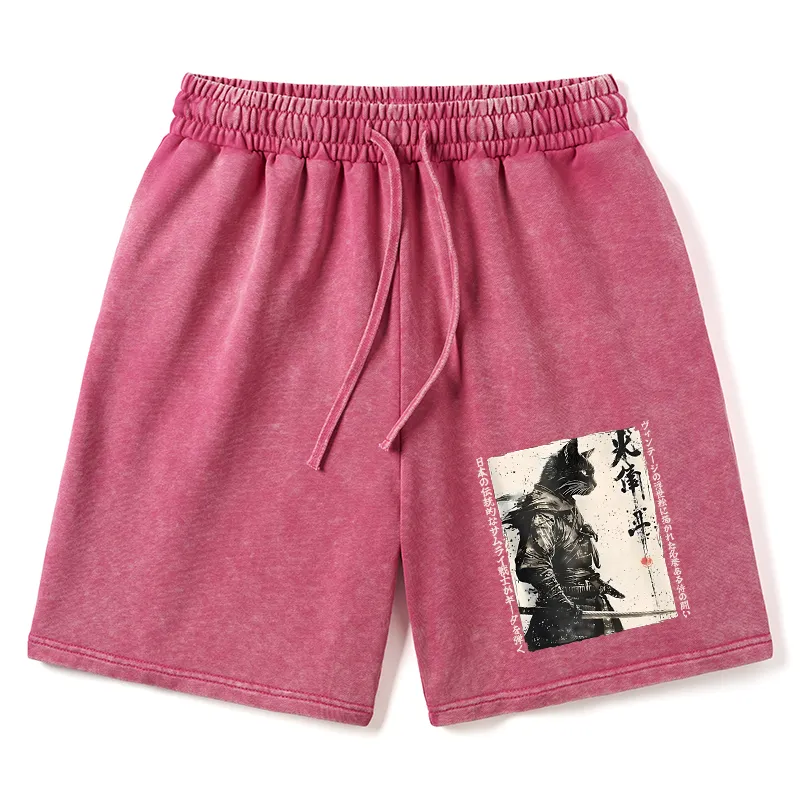 Tokyo-Tiger Cat Samurai Retro Washed Shorts