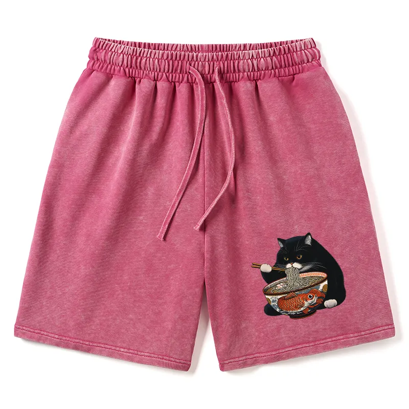 Tokyo-Tiger Fat Cat Eating Ramen Washed Shorts
