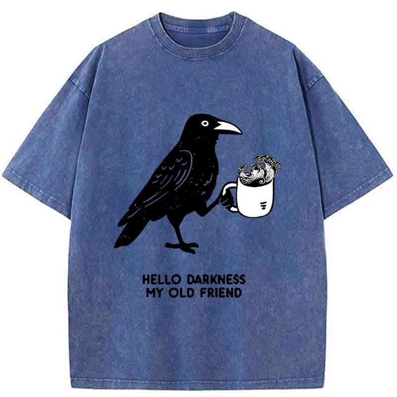 Tokyo-Tiger Crow Drinking Black Coffee Funny Washed T-Shirt