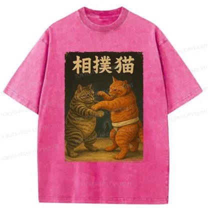 Tokyo-Tiger Sumo Cat Funny Washed T-Shirt