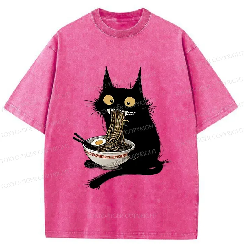 Tokyo-Tiger Naughty Kitten Is Eating Ramen Washed T-Shirt