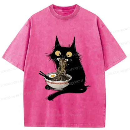 Tokyo-Tiger Naughty Kitten Is Eating Ramen Washed T-Shirt