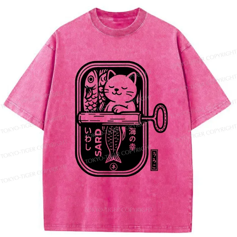 Tokyo-Tiger Cat And Canned Fish Washed T-Shirt