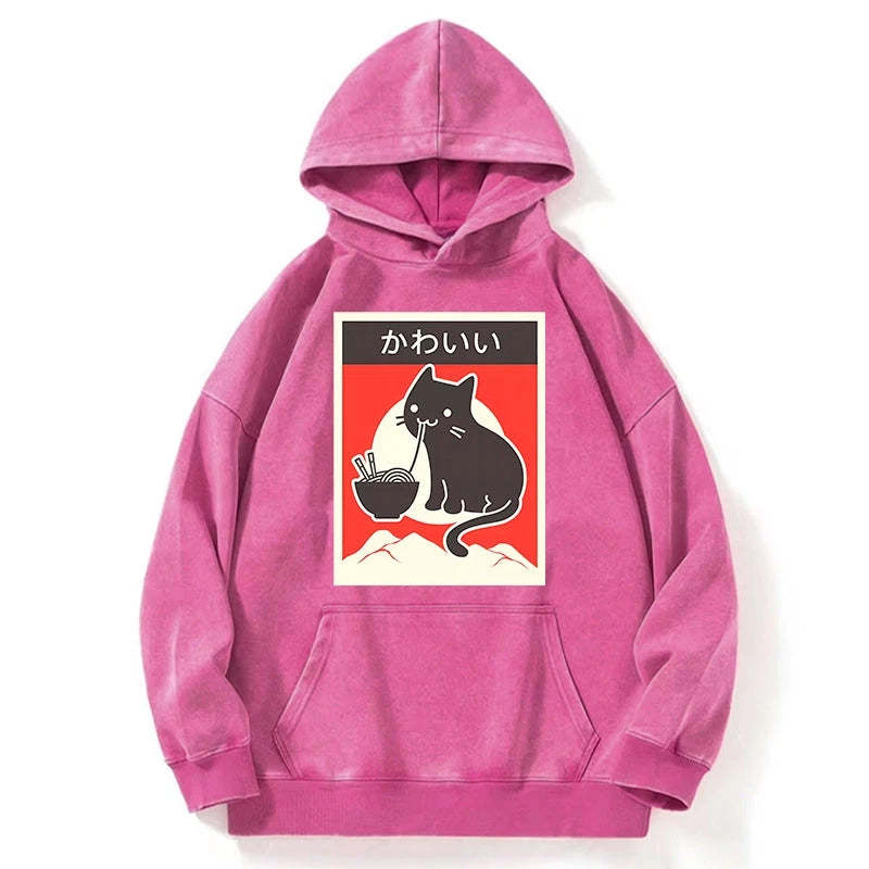 Tokyo-Tiger Kawaii Vintage Ramen Cat Washed Hoodie