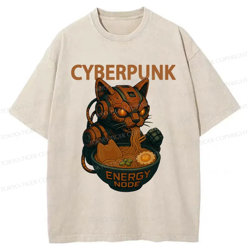 Tokyo-Tiger Retro Machine Cat Eating Ramen Washed T-Shirt