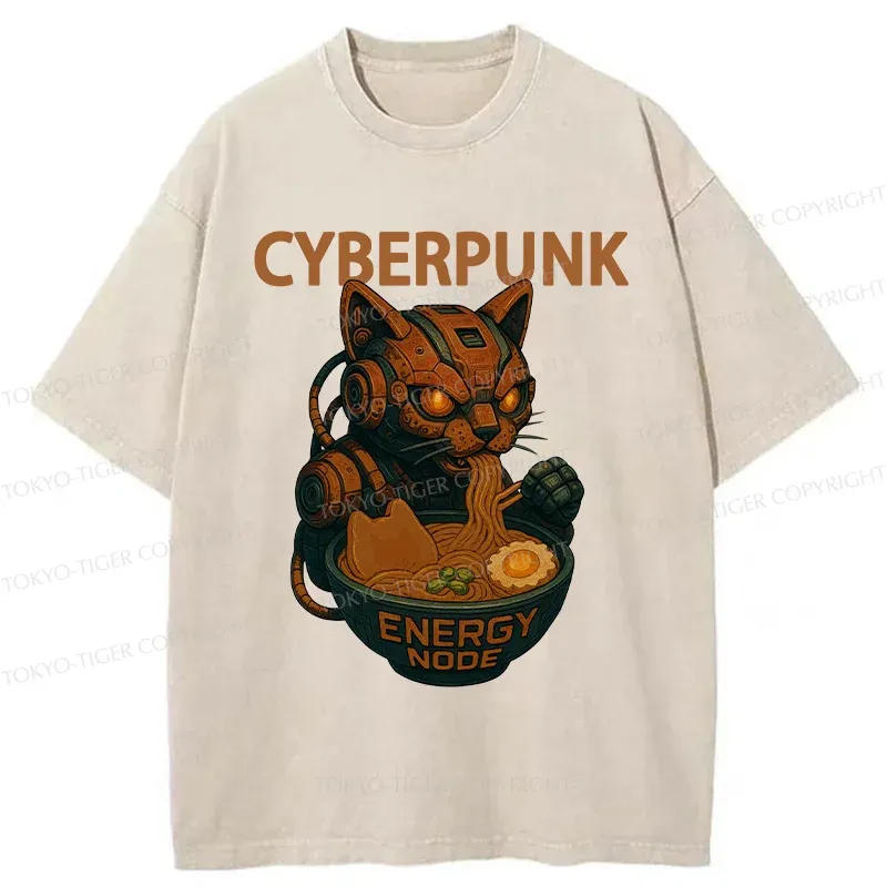 Tokyo-Tiger Retro Machine Cat Eating Ramen Washed T-Shirt