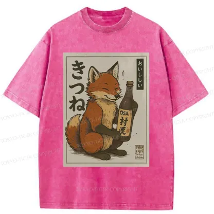 Tokyo-Tiger Fox Holding Sake Washed T-Shirt