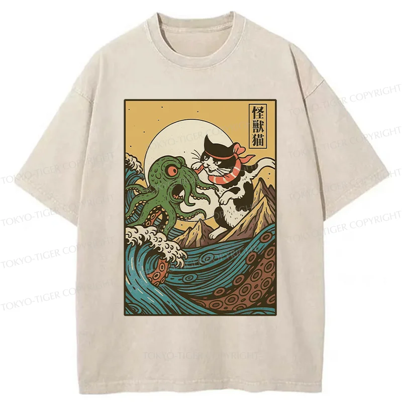Tokyo-Tiger Cat And Octopus Battle Funny Washed T-Shirt