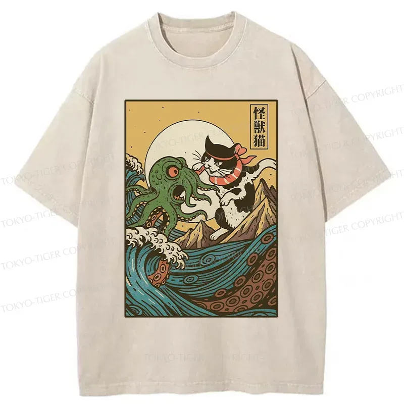 Tokyo-Tiger Cat And Octopus Battle Funny Washed T-Shirt
