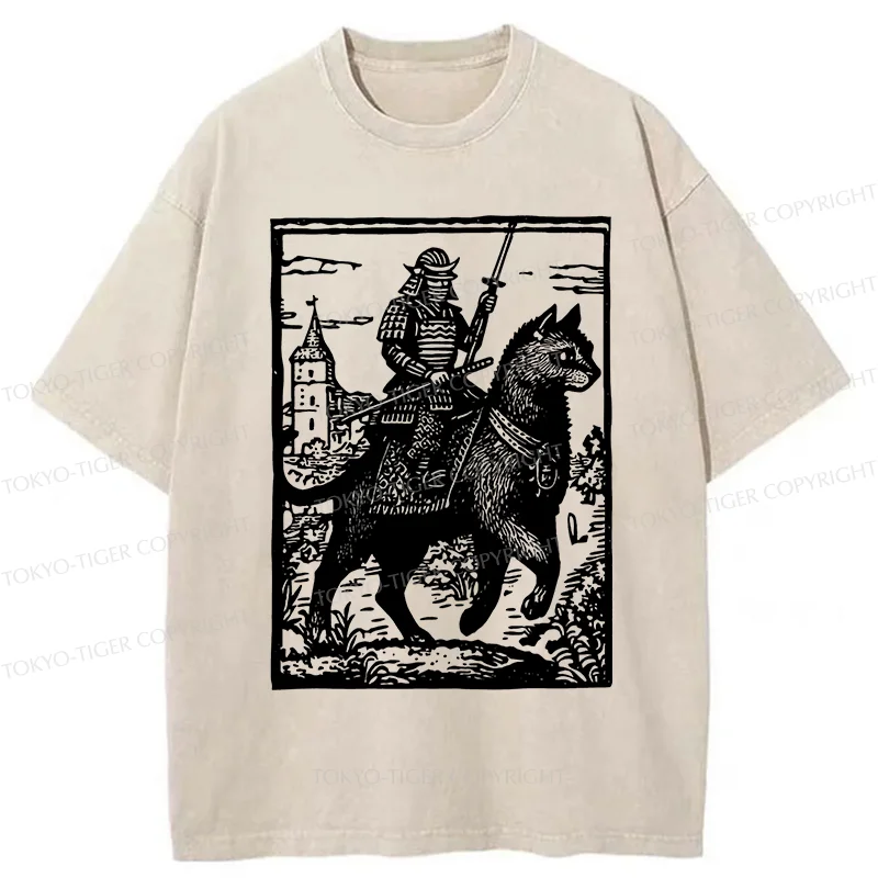 Tokyo-Tiger Samurai Riding A Cat Washed T-Shirt