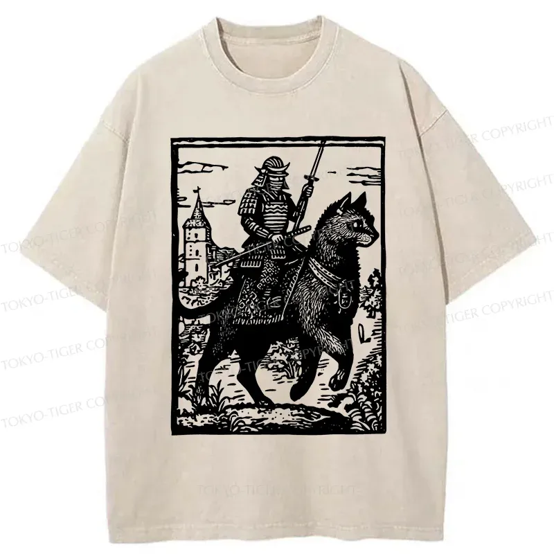 Tokyo-Tiger Samurai Riding A Cat Washed T-Shirt