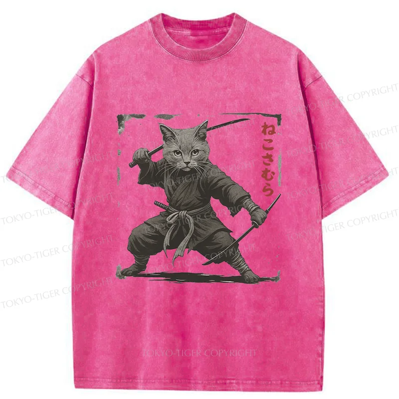 Tokyo-Tiger Handsome Cat Samurai Washed T-Shirt