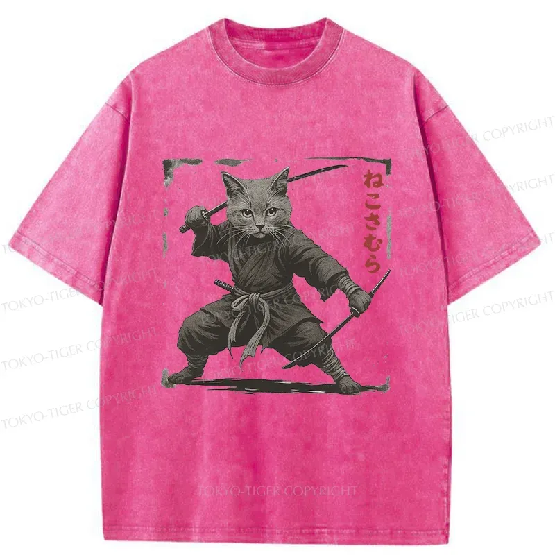 Tokyo-Tiger Handsome Cat Samurai Washed T-Shirt