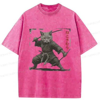 Tokyo-Tiger Handsome Cat Samurai Washed T-Shirt
