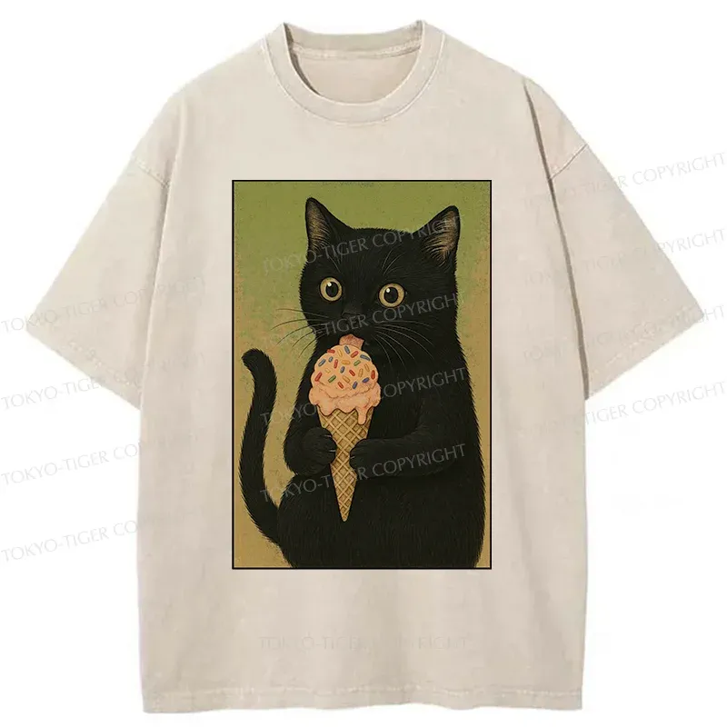Tokyo-Tiger Kitten Rating Ice Cream Washed T-Shirt