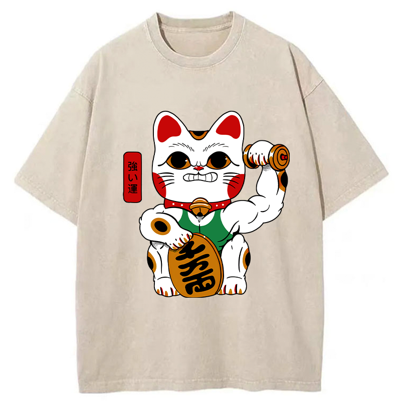 Tokyo-Tiger Muscular Lucky Cat Washed T-Shirt