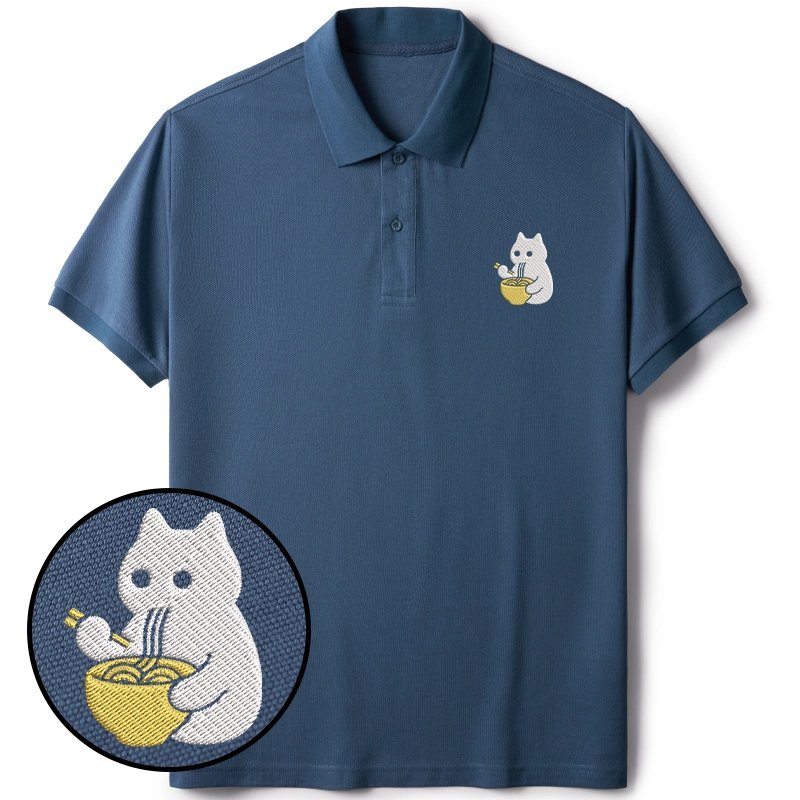 Tokyo-Tiger Cat Eating Ramen Embroidered Polo T-Shirt