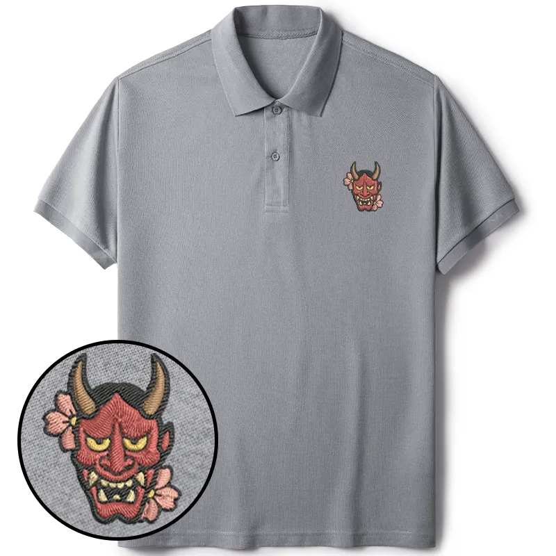 Tokyo-Tiger Oni Mask With Sakura Embroidered Polo T-Shirt